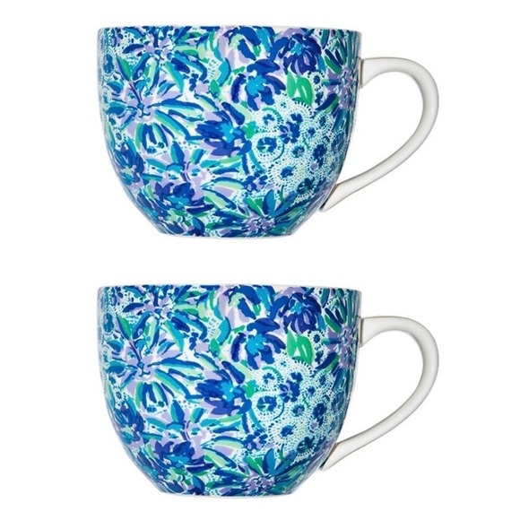 Lilly Pulitzer Other - Lilly Pulitzer Ceramic Mugs Set of 2 Blue Floral Paisley Gold Handles 12oz NEW